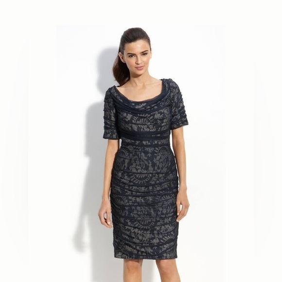 Tadashi Shoji Women's Damask Silk Overlay Sheath Dress Navy Cocktail Formal 2 - Picture 1 of 7